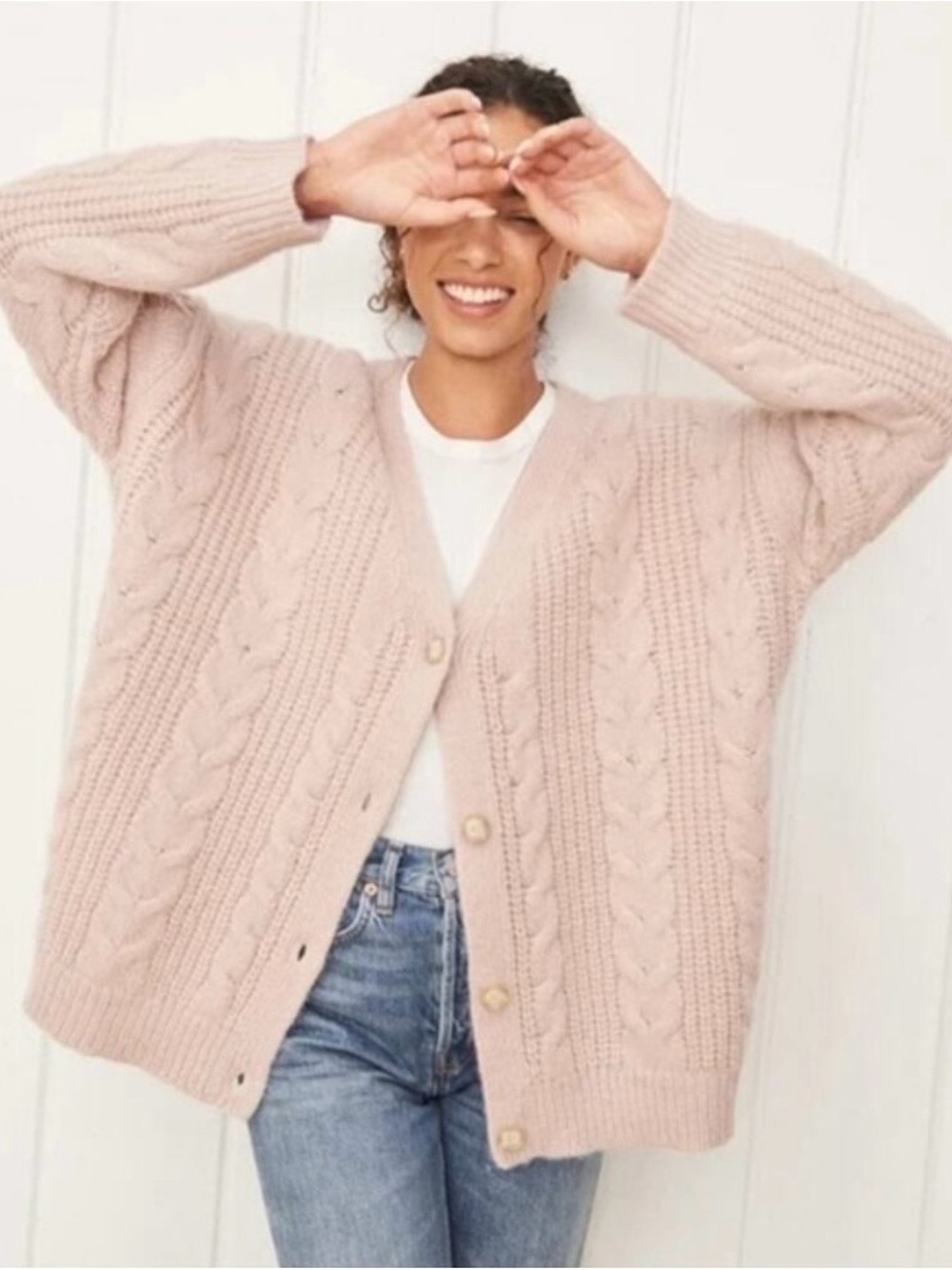 NWT Jenni Kayne Cozy Cable Knit Button-Front Cardigan Sweater - Blush